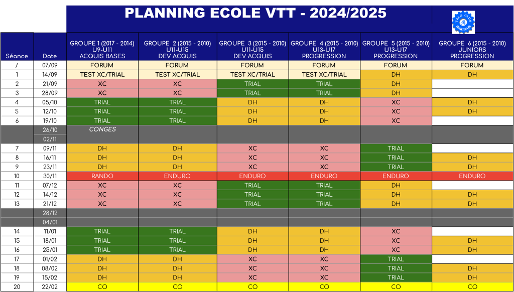 Planning d'entraînement de l'école de VTT du VCB. Saison 2024/2025